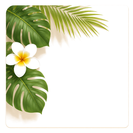 Tropical decorative border with green leaves and a yellow plumeria flower.